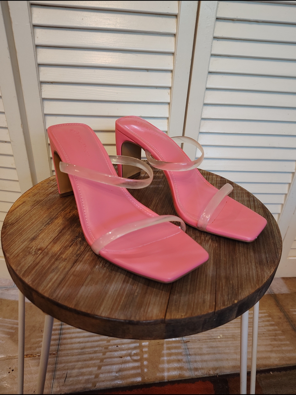The Drop Pink Square-Toe Block Heel Sandals with Clear Straps -Size 8 -Like New